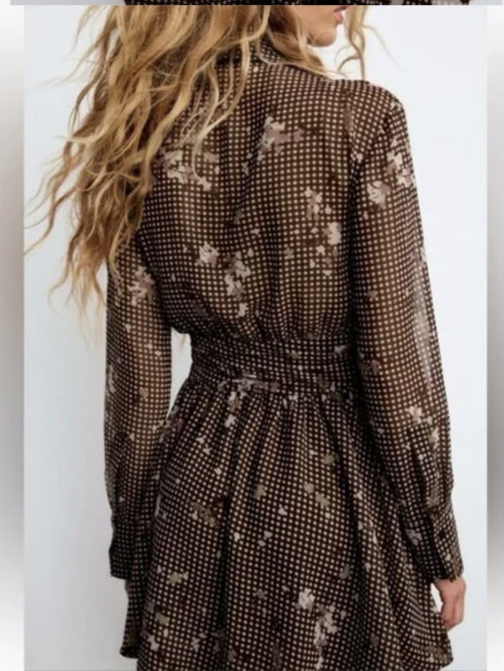 ZARA Brown Floral Gingham Long-Sleeve V-NECK A-Line Dress - Picture 5 of 16